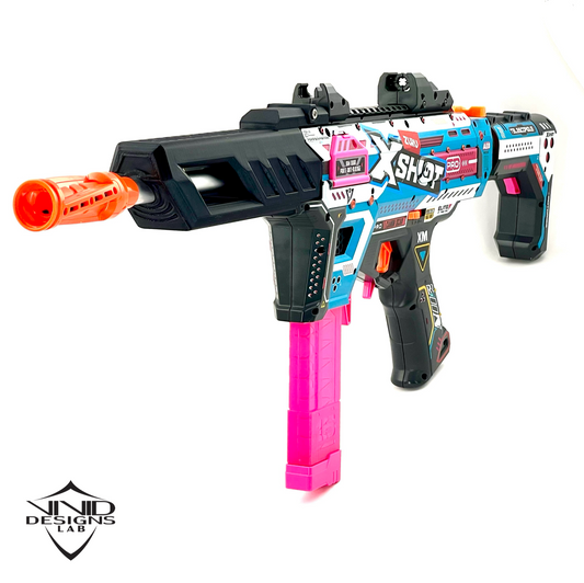 Colorful toy gun with 'X-Shot' branding on a white background. High quality 3D printed foam dart blaster mod that fits on metal barrel tube.