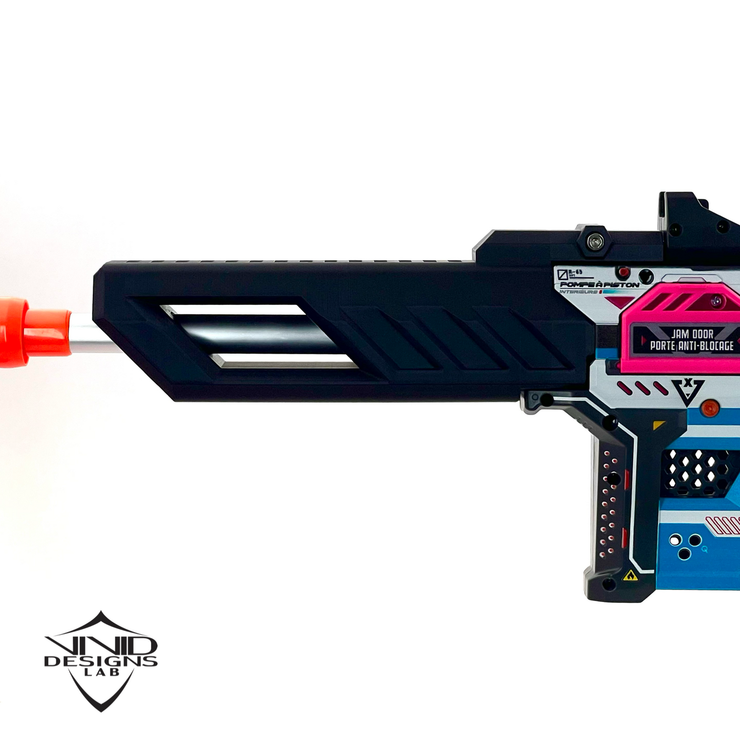 Toy blaster with intricate mod design on a white background