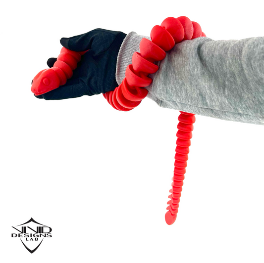 hand holding 3D printed articulated snake with white background, high quality toy