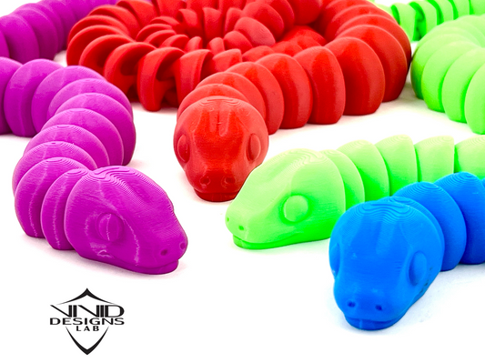 3D printed colorful articulated snakes with white background